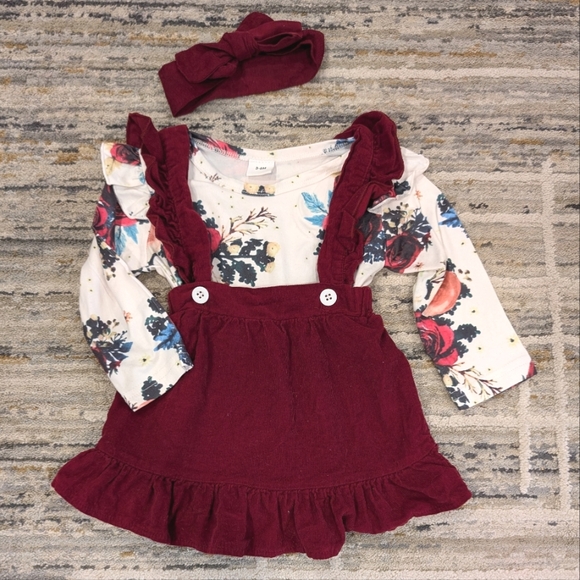 Dresses Baby Girl Red Corduroy Pinafore Jumper And Floral Onsie